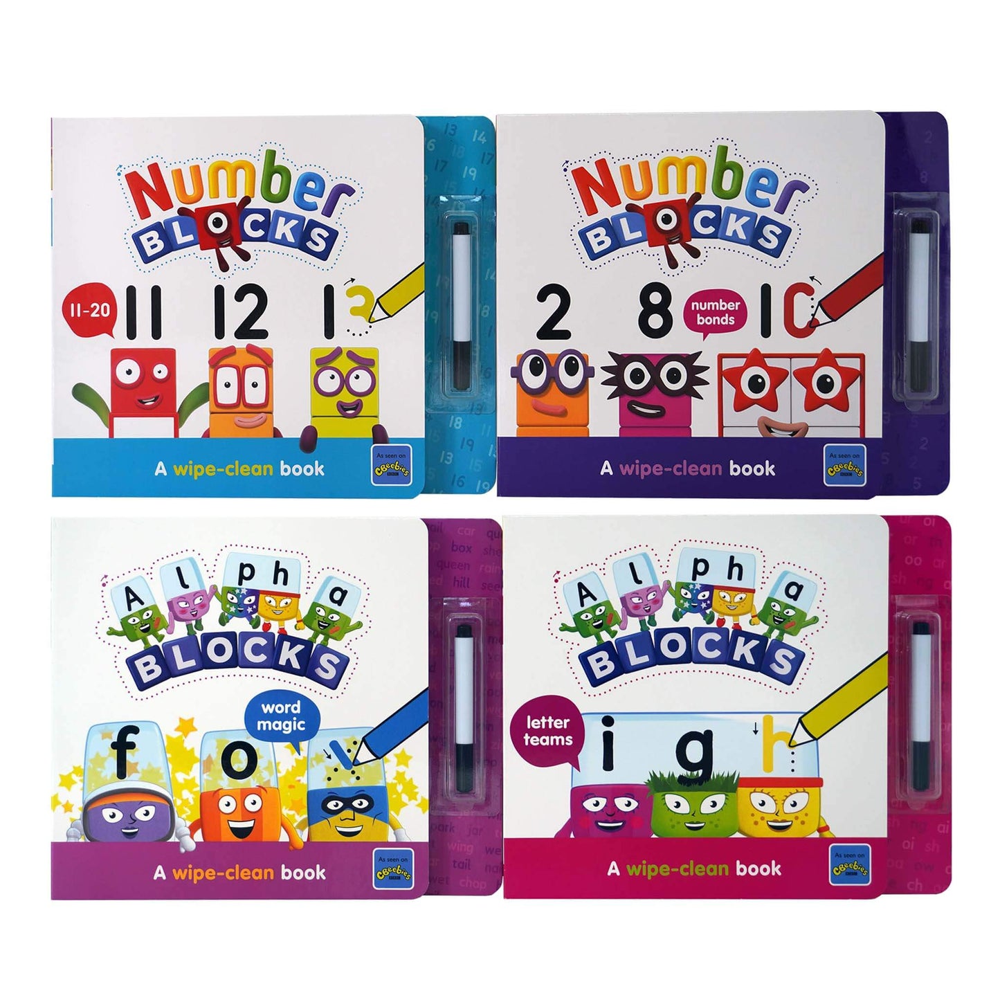Numberblocks and Alphablocks: Let's Learn Numbers and Letters 4 Books Wipe-Clean Box Set with pens By Sweet Cherry Publishing - Ages 3-6 - Board Book